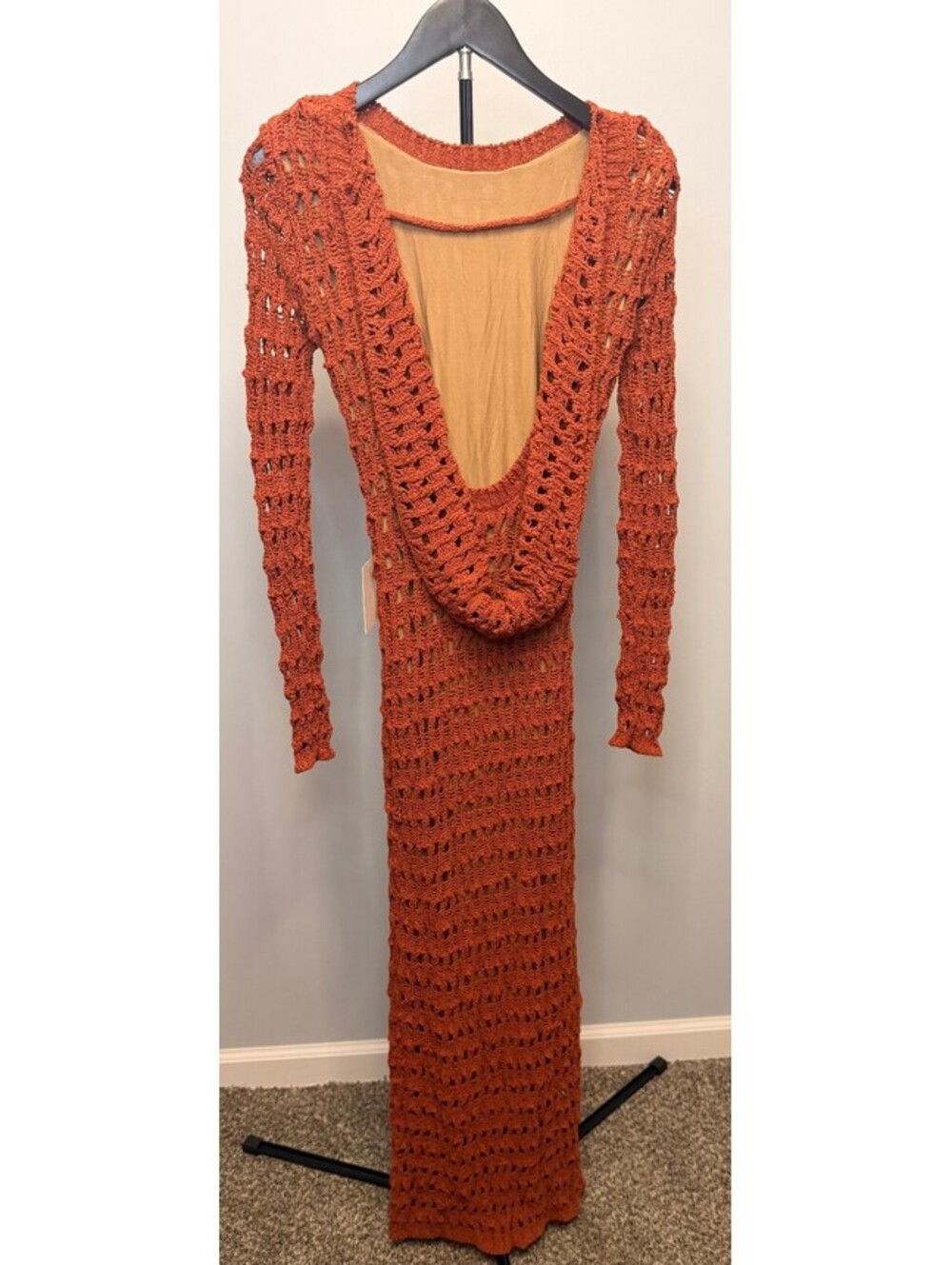 JLUXLABEL Rust Crochet Knit Long Sleeve Maxi Dress Size S - Picture 2 of 3